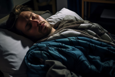 a man sleeping in bed with a blanketの素材