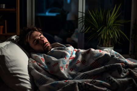 a man is sleeping in bed with a blanket wrapped around himの素材
