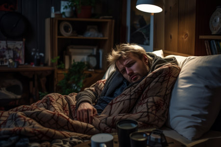 a man is sleeping in bed with a blanketの素材