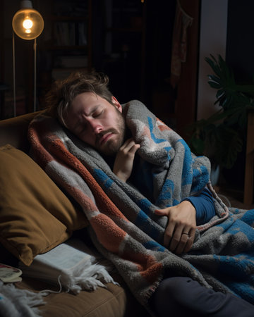 a man sleeping on a couchの素材