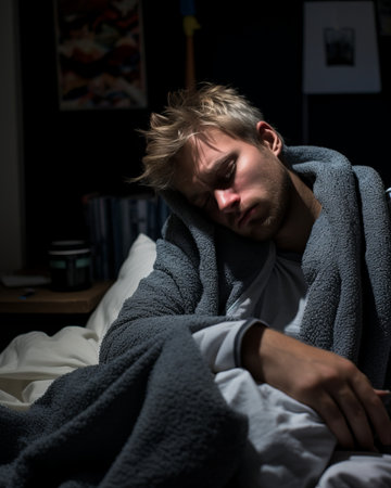 a man sleeping in bed with a blanket wrapped around himの素材