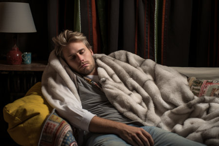 a man laying on a couch with a blanket wrapped around himの素材