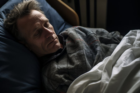 a man laying in bed with his eyes closedの素材