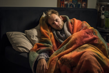 a man is wrapped in a blanket on a couchの素材