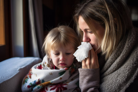 a woman and a child blowing their noseの素材