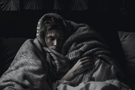 a person wrapped in a blanket on a bedの素材
