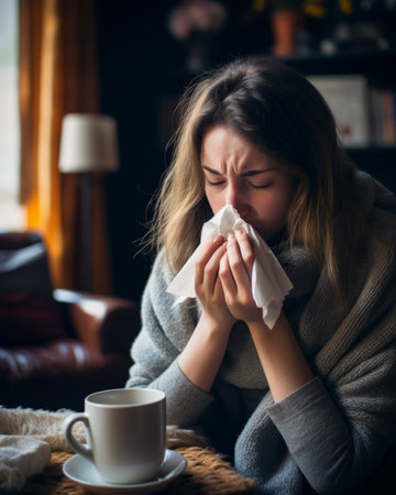 a woman blowing her nose while sitting at a table with a cup of coffeeの素材