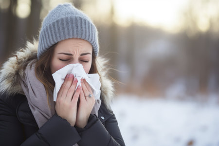 a woman blowing her nose in the snowの素材