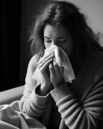 a woman blowing her nose while sitting on a couchの素材