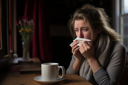 a woman blowing her nose while sitting at a table with a cup of coffeeの素材