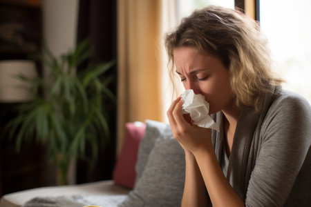 a woman blowing her nose while sitting on a couchの素材