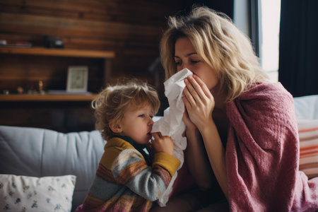 a woman blowing her nose with a child sitting on the couchの素材