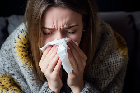 a woman blowing her nose while sitting on a couchの素材