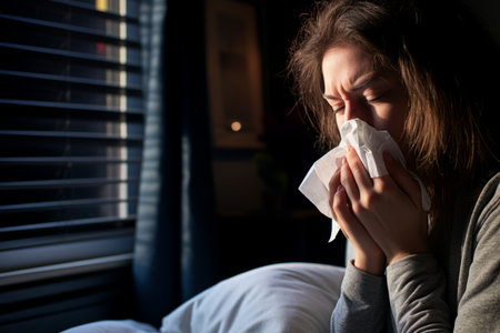 a woman blowing her nose while sitting in bedの素材