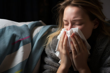 a woman blowing her nose while sitting on a bedの素材