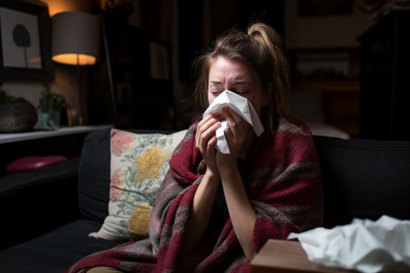 a woman blowing her nose while sitting on a couchの素材