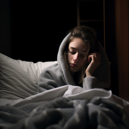 a woman in bed with a blanket covering her headの素材