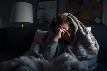a person sitting on a couch wrapped in a blanketの素材