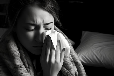 a woman is blowing her nose in a black and white photoの素材