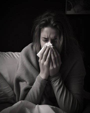a woman is blowing her nose in bedの素材