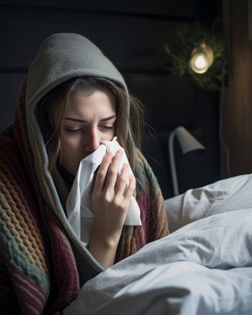 a woman in a hoodie is blowing her noseの素材
