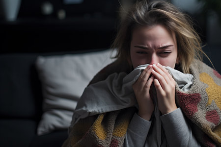 a woman is blowing her nose while sitting on a couchの素材