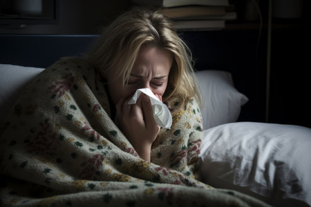 a woman is blowing her nose while laying in bedの素材