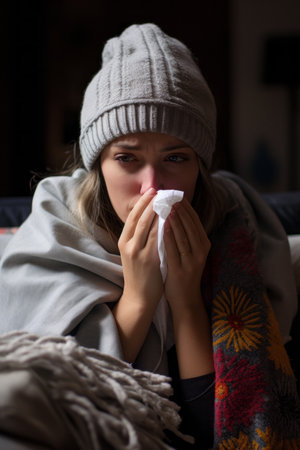 a woman is blowing her nose while sitting on a couchの素材
