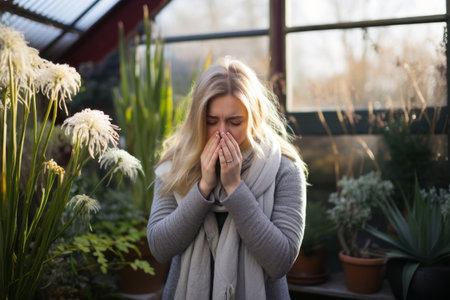 a woman is blowing her nose in front of plantsの素材