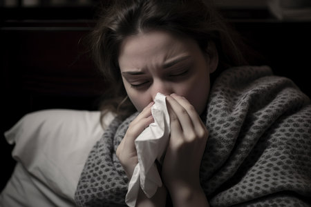 a woman is blowing her nose while laying in bedの素材