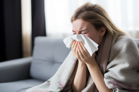 a woman is blowing her nose while sitting on a couchの素材