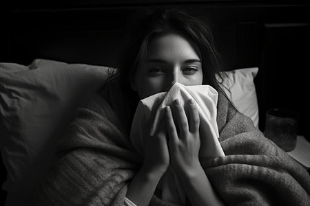 a woman is blowing her nose in bedの素材
