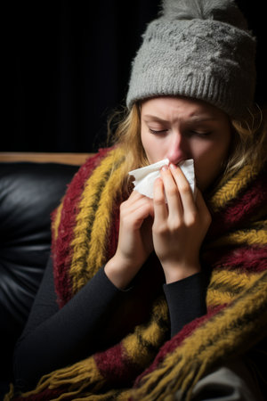 a woman is blowing her nose while sitting on a couchの素材