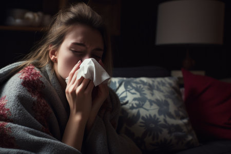 a woman is blowing her nose while sitting on a couchの素材