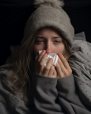 a woman is blowing her nose while sitting in bedの素材