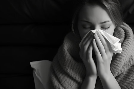 a woman is blowing her nose while sitting on a couchの素材