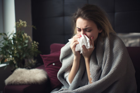 a woman is blowing her nose while sitting on a couchの素材