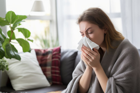 a woman is blowing her nose while sitting on a couchの素材