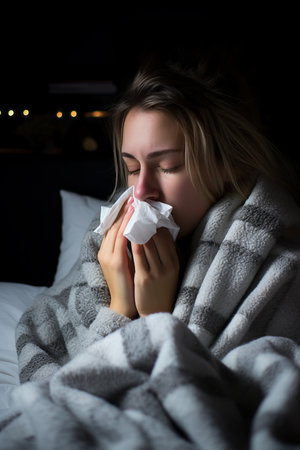 a woman is blowing her nose while lying in bedの素材
