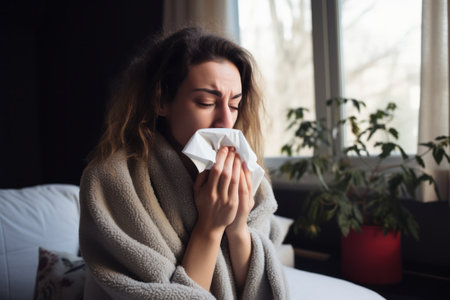 a woman is blowing her nose while sitting on a bedの素材