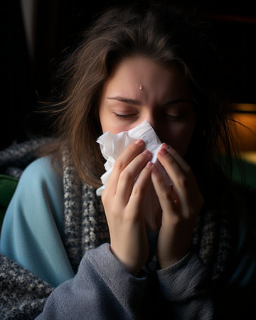 a woman is blowing her nose while sitting on a couchの素材