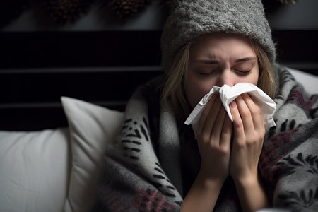 a woman is blowing her nose while sitting in bedの素材