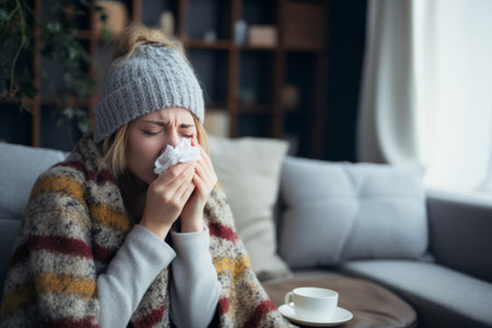 a woman is blowing her nose while sitting on a couchの素材