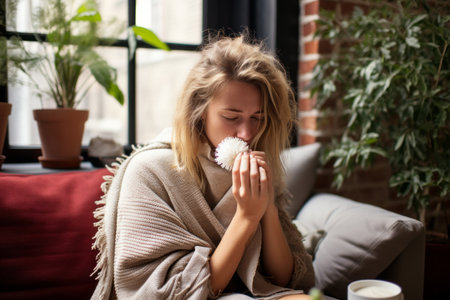 a woman is blowing her nose while sitting on a couchの素材