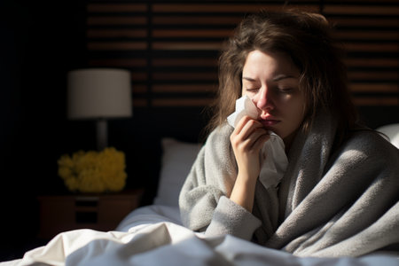 a woman in a blanket is blowing her noseの素材