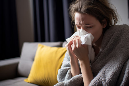 a woman is blowing her nose while sitting on a couchの素材