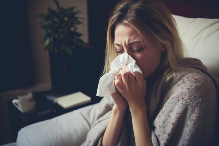 a woman is blowing her nose while sitting on a couchの素材
