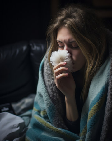 a woman is blowing her nose while sitting on a couchの素材