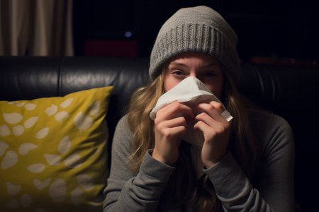 a woman is blowing her nose while sitting on a couchの素材