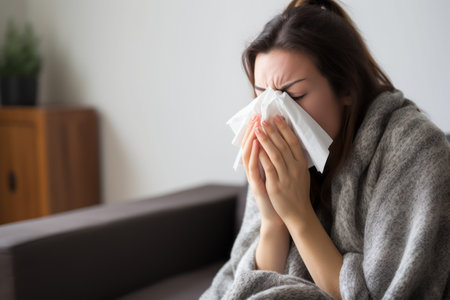 a woman is blowing her nose while sitting on a couchの素材